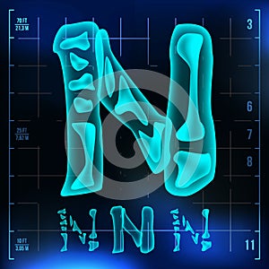 N Letter Vector. Capital Digit. Roentgen X-ray Font Light Sign. Medical Radiology Neon Scan Effect. Alphabet. 3D Blue