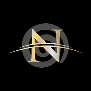 N Logo Design Luxury Template. Initial letter N logotype company name colored gold swoosh design. Modern N Logo Design for