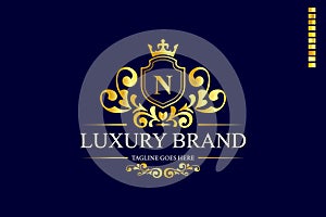 N Luxury letter logo, luxury brand logo design, golden logo, royal, king crown