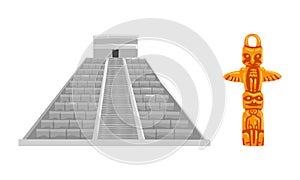 n Maya Civilization Symbols Set, Mayan Pyramid and Totem Pole Cartoon Vector Illustration