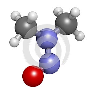 N-Nitrosodimethylamine (dimethylnitrosamine, NDMA, DMN) pollutant molecule. Highly toxic, especially to the liver and suspected