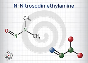N-Nitrosodimethylamine, NDMA, dimethylnitrosamine, DMN molecule. It is human carcinogen, poison. Structural chemical formula,