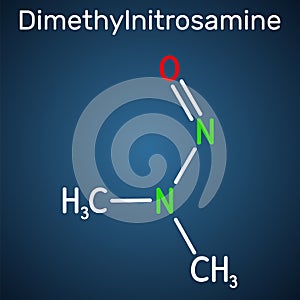N-Nitrosodimethylamine, NDMA, dimethylnitrosamine, DMN molecule. It is human carcinogen, poison. Structural chemical formula on
