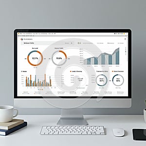 n office setting with a desktop computer displaying a data analytics dashboard. The