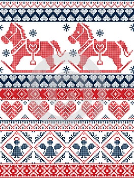 N Printed Textile style and inspired by Norwegian Christmas and festive winter seamless pattern in cross stitch with snowflakes