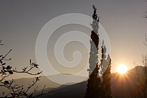 N Sunset Trees Mountains Color Background