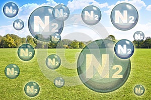 N2 nitrogen gas is the main constituent of the earth`s atmosphere - concept with nitrogen molecules against a natural rural scene