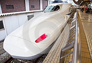 An N700 Shinkansen bullet train at Shinagawa station in Japan