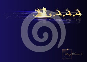 Santa Claus riding on sleigh with reindeer. Gold luxury logo, Christmas, xmas, new year concept. Cartoon vector illustration