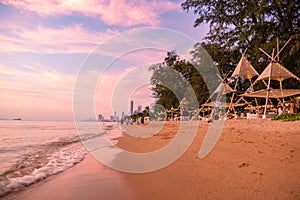 Na Jomtien beach Pattaya Thailand, white tropical beach during sunset in Pattatya Najomtien