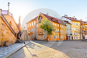 Na Kampe - small square under Charles Bridge on sunny day. Kampa Island, Prague, Czech Republic