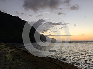 Na Pali Coast Cliffs on Kauai Island, Hawaii - View from Ke'e Beach during Sunset.