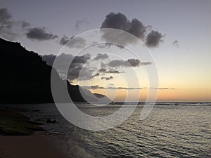 Na Pali Coast Cliffs on Kauai Island, Hawaii - View from Ke'e Beach during Sunset.