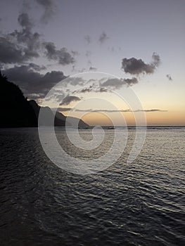 Na Pali Coast Cliffs on Kauai Island, Hawaii - View from Ke'e Beach during Sunset.