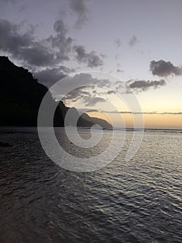 Na Pali Coast Cliffs on Kauai Island, Hawaii - View from Ke'e Beach during Sunset.