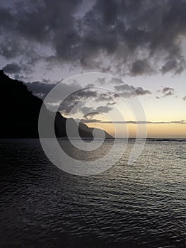 Na Pali Coast Cliffs on Kauai Island, Hawaii - View from Ke'e Beach during Sunset.