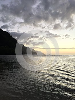 Na Pali Coast Cliffs on Kauai Island, Hawaii - View from Ke'e Beach during Sunset.