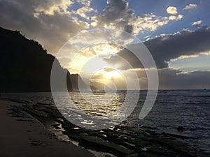 Na Pali Coast Cliffs during sunset on Kauai Island, Hawaii.