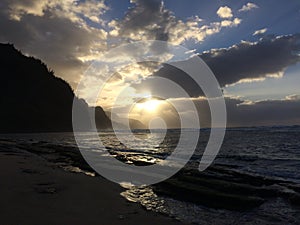 Na Pali Coast Cliffs during sunset on Kauai Island, Hawaii.