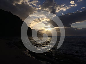 Na Pali Coast Cliffs during sunset on Kauai Island, Hawaii.