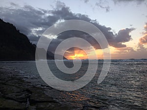 Na Pali Coast Cliffs during sunset on Kauai Island, Hawaii.