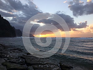 Na Pali Coast Cliffs during sunset on Kauai Island, Hawaii.