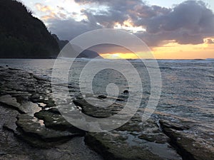 Na Pali Coast Cliffs during sunset on Kauai Island, Hawaii.