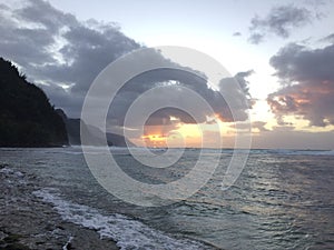 Na Pali Coast Cliffs during sunset on Kauai Island, Hawaii.