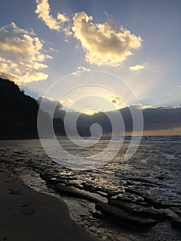 Na Pali Coast Cliffs during sunset on Kauai Island, Hawaii.