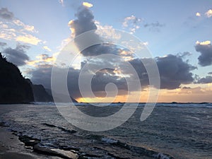 Na Pali Coast Cliffs during sunset on Kauai Island, Hawaii.