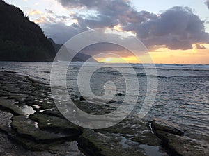 Na Pali Coast Cliffs during sunset on Kauai Island, Hawaii.