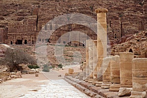 Nabataean Rock city of Petra, Colonnaded street and Royal Tombs, Jordan