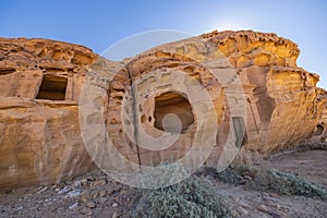 Nabatean rock cut ruins at the Hegra archaeological area