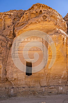 Nabatean rock cut ruins at the Hegra archaeological area