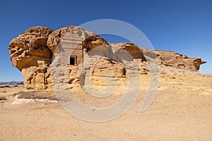 Nabatean rock cut ruins at the Hegra archaeological area