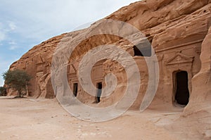 Nabatean tomb in MadaÃÂ®n Saleh archeological site, Saudi Arabia photo