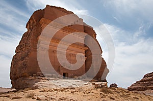 Nabatean tomb in MadaÃÂ®n Saleh archeological site, Saudi Arabia photo