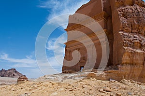 Nabatean tomb in MadaÃÂ®n Saleh archeological site, Saudi Arabia photo