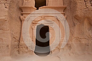 Nabatean tomb in MadaÃ®n Saleh archeological site, Saudi Arabia