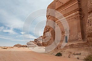 Nabatean tomb in MadaÃ®n Saleh archeological site, Saudi Arabia