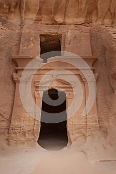 Nabatean tomb in MadaÃ®n Saleh archeological site, Saudi Arabia