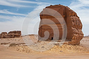 Nabatean tomb in MadaÃ®n Saleh archeological site, Saudi Arabia