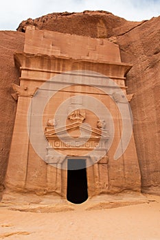 Nabatean tomb in MadaÃ®n Saleh archeological site, Saudi Arabia