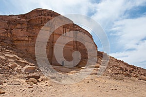 Nabatean tomb in MadaÃ®n Saleh archeological site, Saudi Arabia