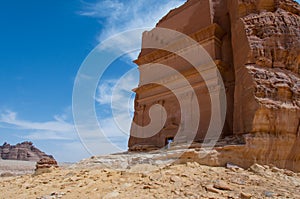 Nabatean tomb in MadaÃ®n Saleh archeological site, Saudi Arabia