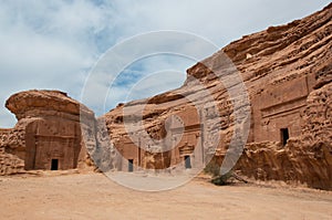 Nabatean tombs in MadaÃÂ®n Saleh archeological site, Saudi Arabia photo