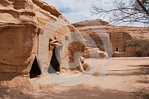 Nabatean tombs in MadaÃÂ®n Saleh archeological site, Saudi Arabia photo