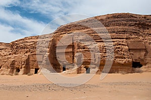 Nabatean tombs in MadaÃÂ®n Saleh archeological site, Saudi Arabia photo