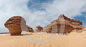 Nabatean tombs in MadaÃ®n Saleh archeological site, Saudi Arabia