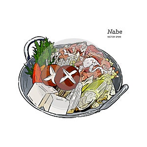 Nabe, Japanese hot pot. hand draw sketch vector